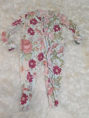 Gigi & Max Floral Ruffle Trim Baby One-Piece - Pink & Green